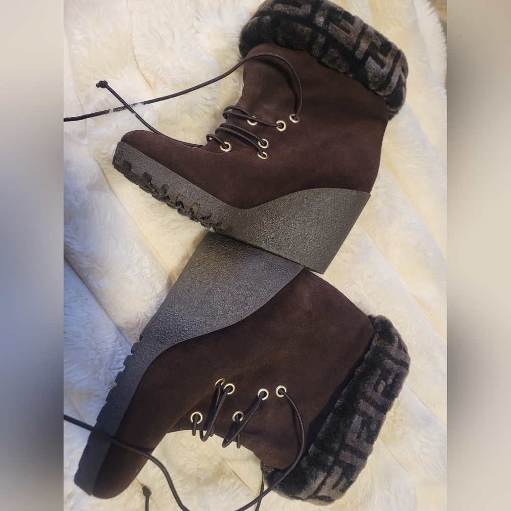 Vintage FENDI Brown Suede‎ Women's Wedge Boots - Picture 2 of 13